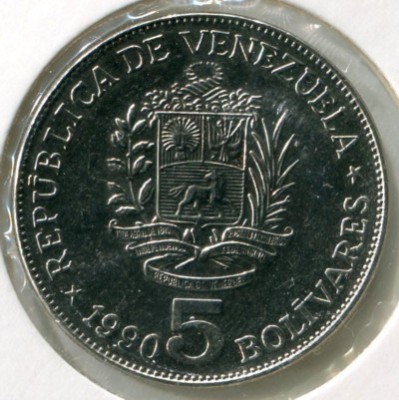 Монета Венесуэла 5 боливаров 1990 год.